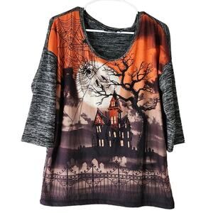 Onque Casuals Halloween Top Haunted House Embellished Knit Gray Size‎ Large
